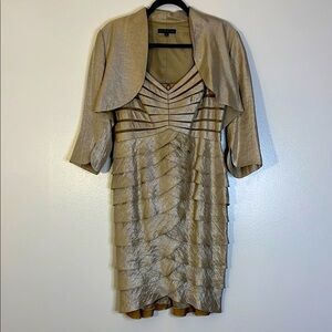 Adrianna Papell | Gold Tiered Hammered Satin Sheath Dress/Bolero Womens size 14P